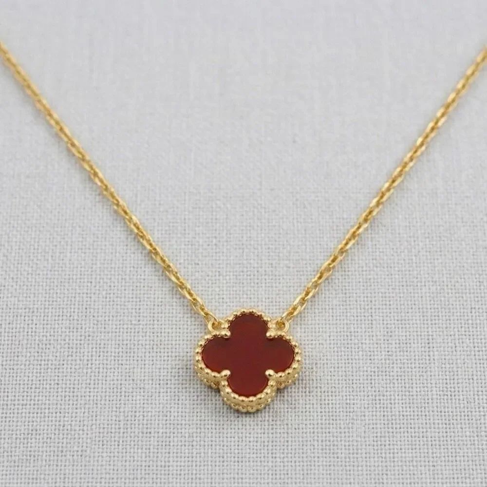 Gold Vermeil Red Carnelian Clover Adjustable Necklace Elegant Four Leaf Dainty